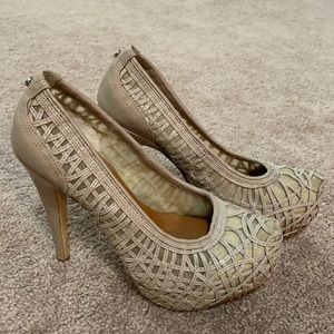 Beige Calvin Klein mesh and leather platform heel